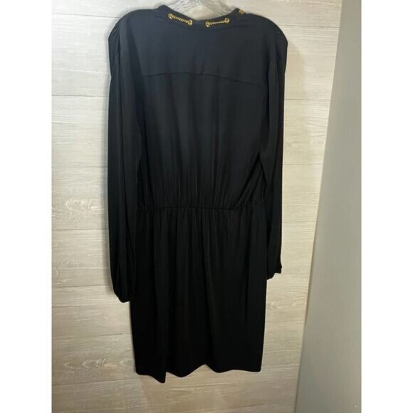 Black Button-Down Long-Sleeve Dress With Gold Chain Detailing & Elastic Waist - Picture 2 of 8